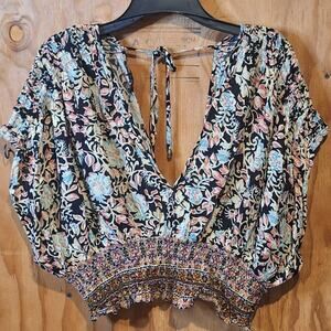 Rachel Zoe Crop Top Women's XL Low Cut V-Neck Smocked Floral Bohemian BohoStyle